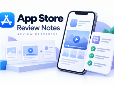 App Store Review Notes审核准备示意图,展示应用演示视频与审核说明检查清单。