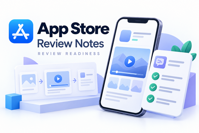 App Store Review Notes审核准备示意图，展示应用演示视频与审核说明检查清单。