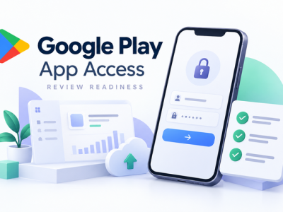 Google Play App Access审核准备示意图,展示手机登录界面与访问权限自测清单。