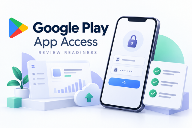 Google Play App Access审核准备示意图，展示手机登录界面与访问权限自测清单。